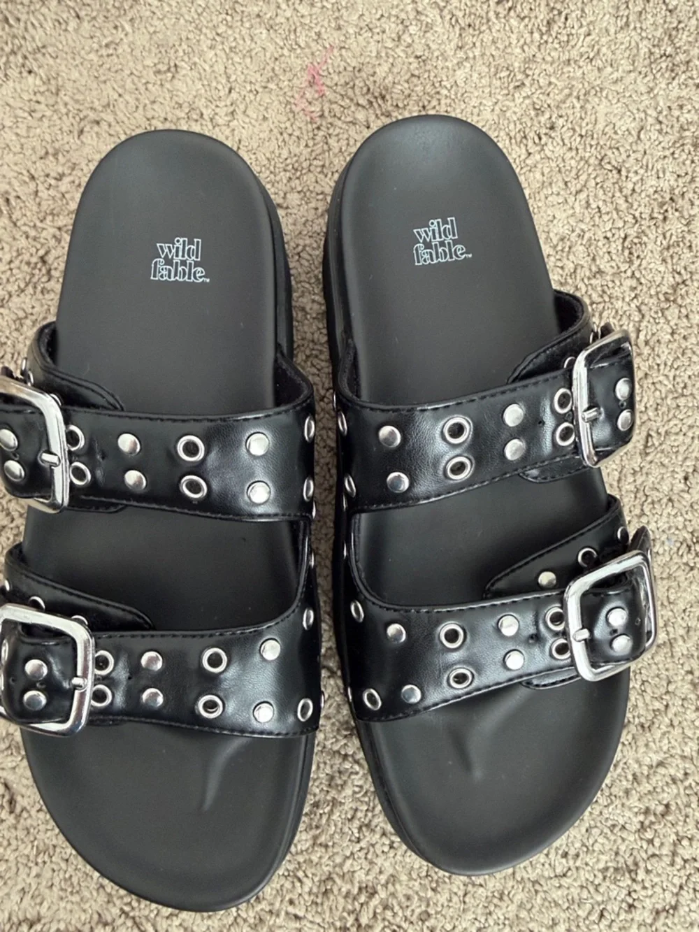 wild fable Black Studded Double-Buckle Slide Sandals - Picture 2 of 4